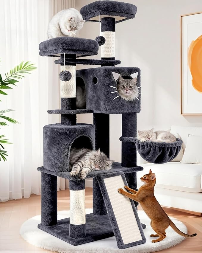 66in Multi-Level Large Cat Tree Tower for Indoor Cat/Kitties, Mordern Cat Tower with Sisal Scratching Posts, Condos and Hammock, Perches, Ramp for Climbing Heavy Duty