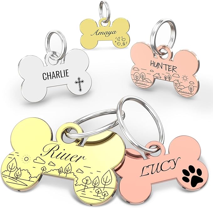 Custom Pet ID Tag - Laser Engraved Both Sides, Polished Stainless Steel, Smooth-Edged Bone Shape.
