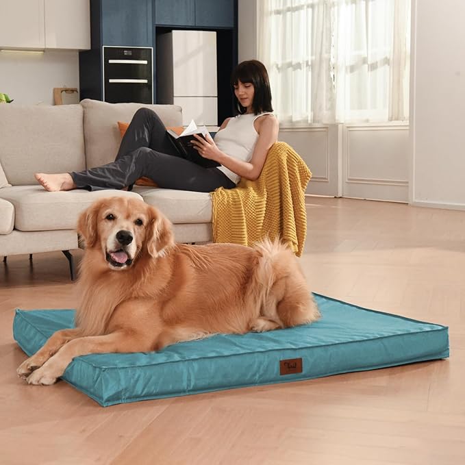 Outdoor Large Washable Dog Bed, Orthopedic Egg Crate Foam Dog Crate Mat for Large Dogs with Removable Oxford Cooling Cover, Light Blue