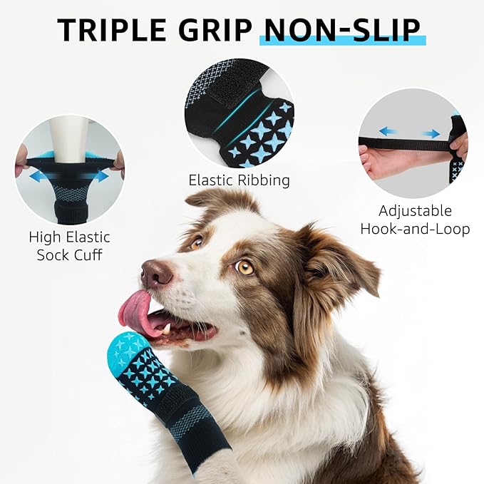 SCENEREAL Anti Slip Dog Socks to Prevent Licking Paws, Dog Booties & Paw Protectors for Hot Pavement Hardwood Floors, Traction Control for Small Medium Large Senior Dogs, Blue L