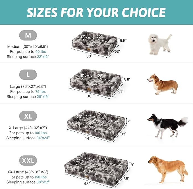 Orthopedic Dog Bed for Large Size Dog, Soft Warm Faux Fur Extra Large Sofa for Pet Up to 100 lbs, Foam Bolster Anti-Slip Couch with Washable Removable Cover, XL 44x32x7 inch, Tie Dye Grey