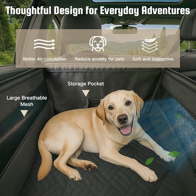 Large Dog Car Seat for Back Seat Half, Waterproof Pet Carseat for Dogs with Hard Bottom & Dog Seatbelt Leash, Washable Back Seat Extender with Storage Pocket for Pets for SUVs, Trucks & Cars