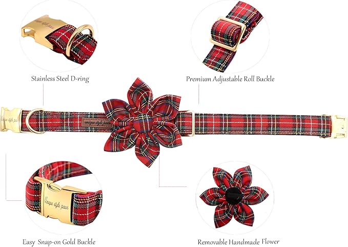Uniqe Style Paws Christmas Grid Dog Collar, Female or Male Adjustable Puppy Collar with Flower, Durable Floral Pattern Pet Collar for Small Dogs