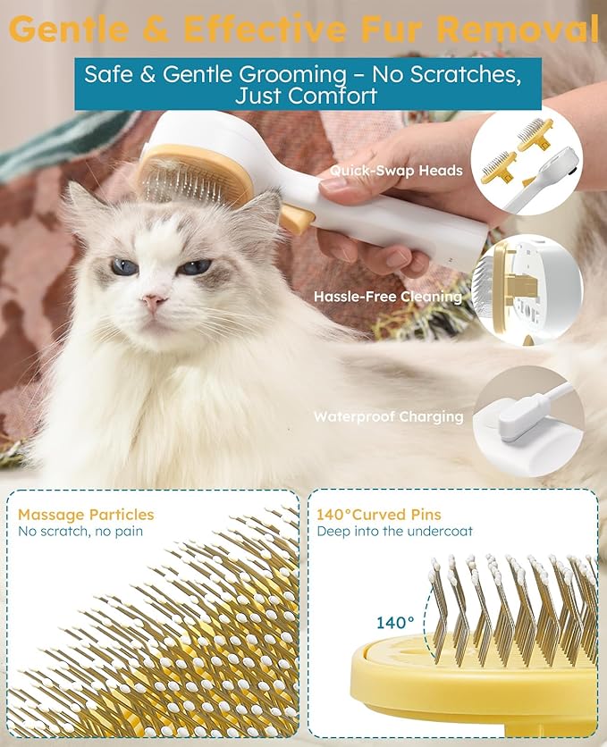 3-in-1 Anti-static Cat Steam Brush & Deshedding Tool - Cat Brush for Long/Short Hair, Reduces 95% Shedding, Easy Clean Grooming Supplies for Pet Owners (Yellow - Short Head)