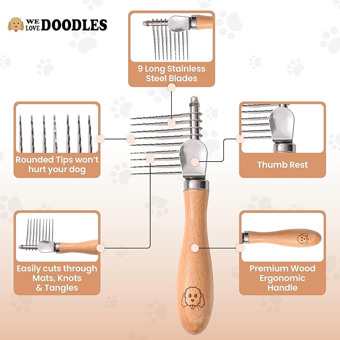 We Love Doodles Pet Dematting Comb and Pet Dematting Brush & Rake (Bundle) - Deshedding Undercoat Rake and Detangler Brush For Dogs, Comb Tool For Grooming, for Detangling Thinning and Shedding
