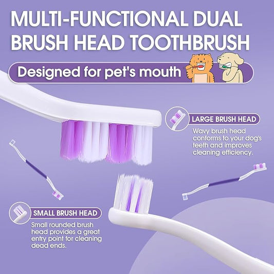 Dog Toothbrush – Newly Upgraded Dual-Head Design with 60° Wavy Bristles–Gently Surrounds Teeth for Deep Cleaning and Plaque Removal – Non-Slip Handle, Ideal for Daily Pet Dental Care (Purple, 2-Pack)