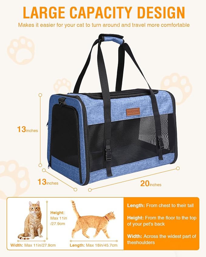 PETUX Large Cat Carrier for Cats ＆ Puppy Up to 20Lb - Top & Side Entry, 4 Side Breathable, Foldable Soft Sided Dog Carrier with Safety Car Seat Buckle & Anti-Scratch Mesh for Car, Travel ＆ Vet - Blue