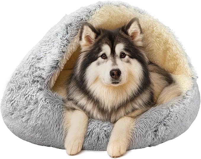 ShinHye Round Plush Fluffy Hooded Cat Bed Cave, Cozy for Indoor Cats or Small Dogs, Waterproof Bottom, Washable（40 in）
