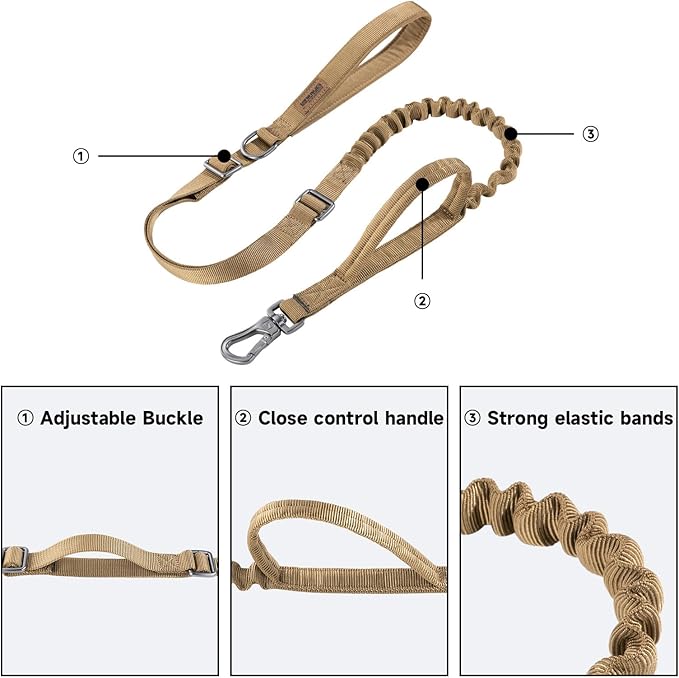 EXCELLENT ELITE SPANKER Tactical Dog Leash Heavy Duty 5-6FT Adjustable No Pull Military Bungee Dog Leash Elastic Leads Rope with 2 Padded Control Handle for Medium Large X-Large Dogs(Coyote Brown)