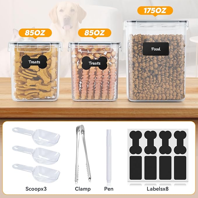 qeerable Dog Treat Storage Container Airtight for Countertop, Dog Treat Jar with Lid for Food Storage Organizer, 3 Pack Pet Food Holder for Kitchen with Scoops, Gift for Pet Owners
