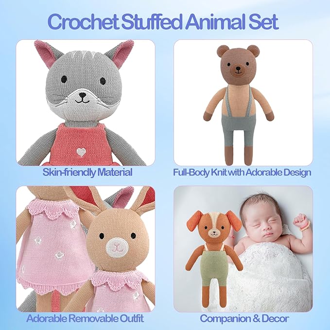 4 Pack 12 Inches Stuffed Animals Handmade Cotton Cute Small Animals Dog Cat and Forest Animals Soft Bunny Teddy Bear Plush Toy for for Toddlers, Kids, Adults, Baby Shower Decor Christmas Easter Gifts