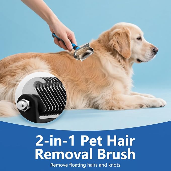 Dog Brush for Shedding, Deshedding Dog Brush for Long Haired Dogs, Cat Grooming Set 2 in 1 Undercoat Rake with Flea Comb-Large