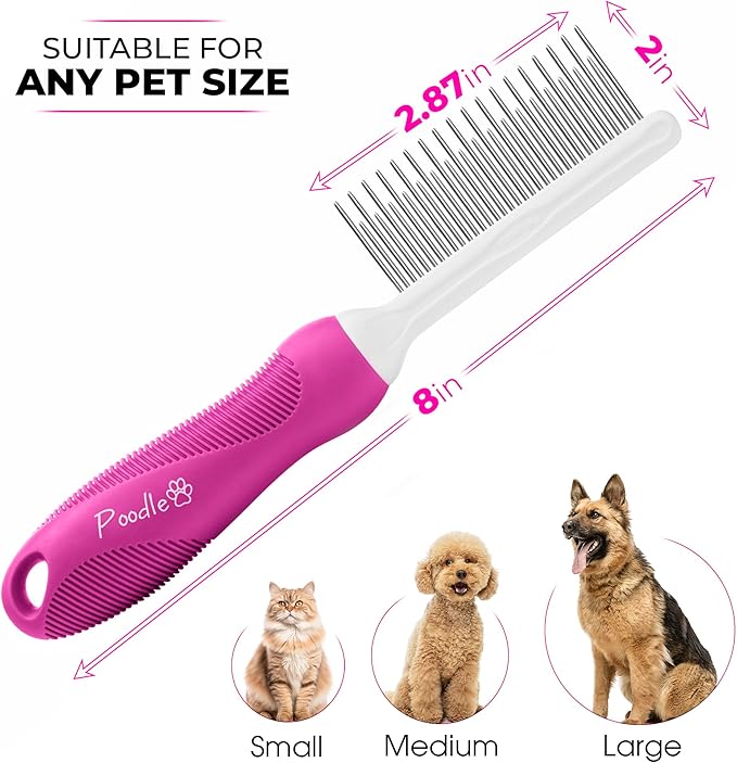 Poodle Pet Bundle - Dematting Fur Rake Comb Brush Tool with Steel Safety Blades and Detangling Pet Comb with Long + Short Stainless Steel Teeth for Detangling Matted or Knotted Undercoat Hair (Pink)
