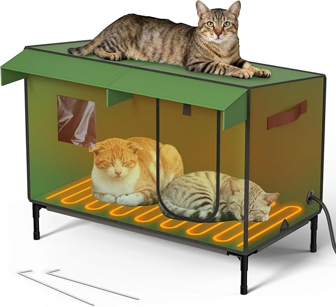 Large Heated Outdoor Cat House for Winter – Waterproof & Insulated Shelter with Soft Heated Pad, Elevated Base & Clear Window – Large Winter Cat House for Stray, Feral, and Barn Cats
