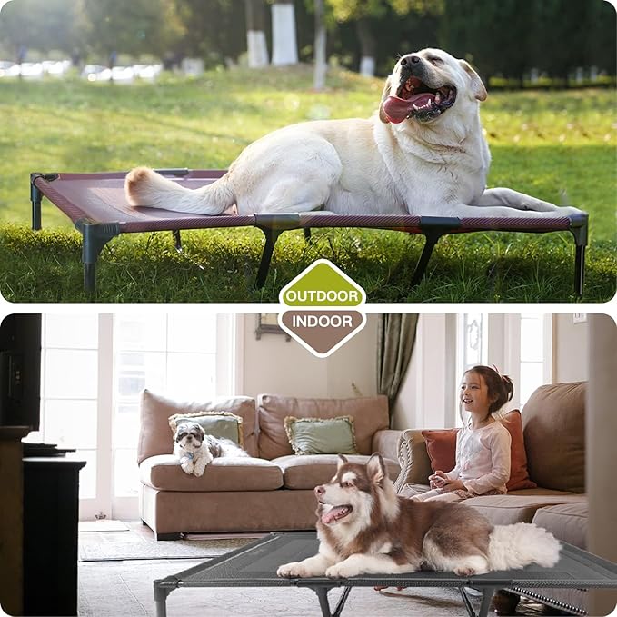 Suddus Elevated Dog Bed for Large Dogs 140lb, Breathable Cooling Raised Dog Cot with Dual Support Bars & Metal Frame, No-Slip Feet, Waterproof Pet Bed for Indoor/Outdoor, X-Large, 48 * 36 * 9in, Grey