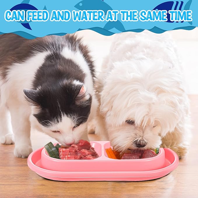 2 Pieces Cat Dog Food Bowl, 25 oz Plastic Double Pet Food Water Bowls Feeding Bowl Tray Cat No Spill for Dogs Pets Outdoor, Pink and Light Blue