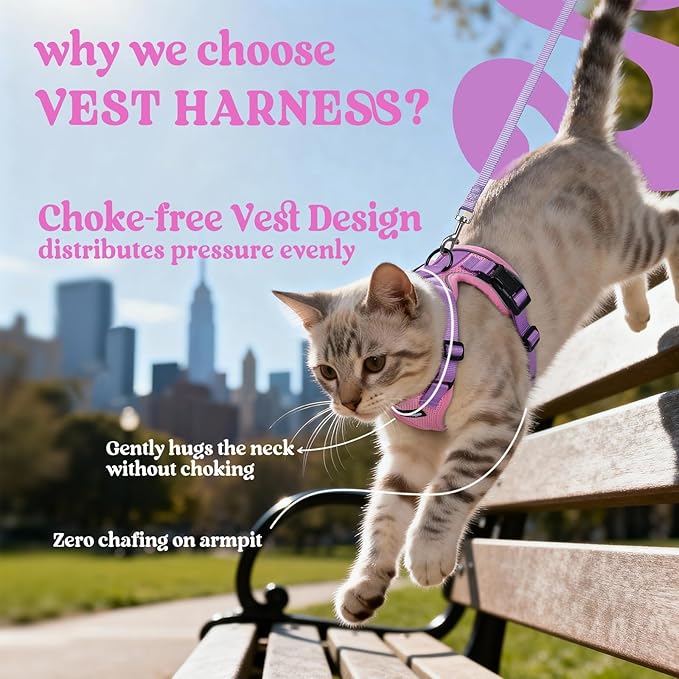 rabbitgoo Cat Harness and Leash for Walking, Escape Proof Soft Adjustable Vest Harnesses for Cats, Easy Control Breathable Reflective Strips Jacket, Pink & Purple, XXS