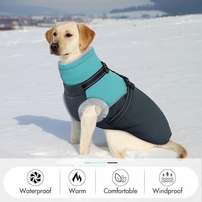 Dog Coat with Harness Built, Dog Winter Jacket with Zipper Closure, Warm Pet Fleece Puffer Coat with Reflective Strips & Furry Collar, Waterproof Snowsuit for Medium Large Dogs - Green M