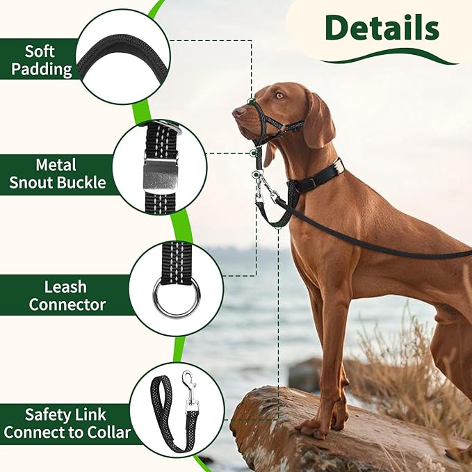 BARKLESS Sturdy No Pull Head Collar for Medium Large Dogs, Gentle Reflective Head Halter with Safety Link, Adjustable Nylon Dog Training Muzzle Leash for Walking Control (Green, M)