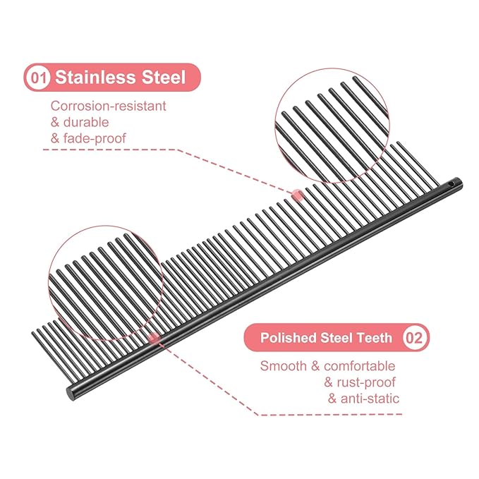 Dog Cat Comb, Pet Combs Stainless Steel Teeth with Rounded Ends for Knots Mats Loose Hair Removal, 6.5/7.5IN (Black Plated, 2 Pack), Grooming Tool Intended for Long Curly Hair Pet