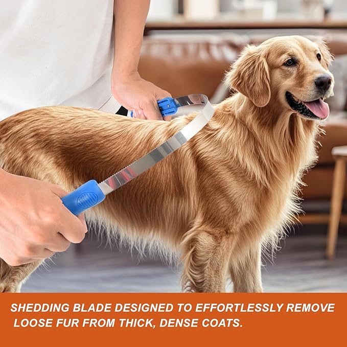 Dual-Sided Dog Shedding Blade - Stainless Steel Grooming Tool with Grip for Dogs/Horses/Cattle, Fine Teeth for Short/Long Thick Coats, Hair Scraper & Itching-Relieving Rake