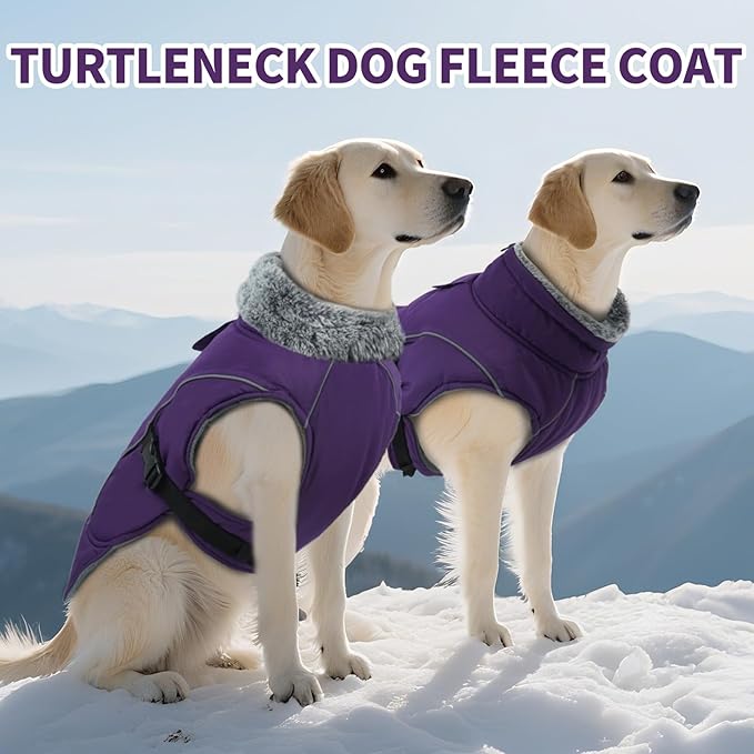 DENTRUN Winter Warm Dog Coat Reflective Jacket with Turtleneck for Cold Weather, Adjustable Buckle Windproof Water Repellent, Thick Snowsuit Fleece Vest for Small, Medium, Large Dogs, Purple, S