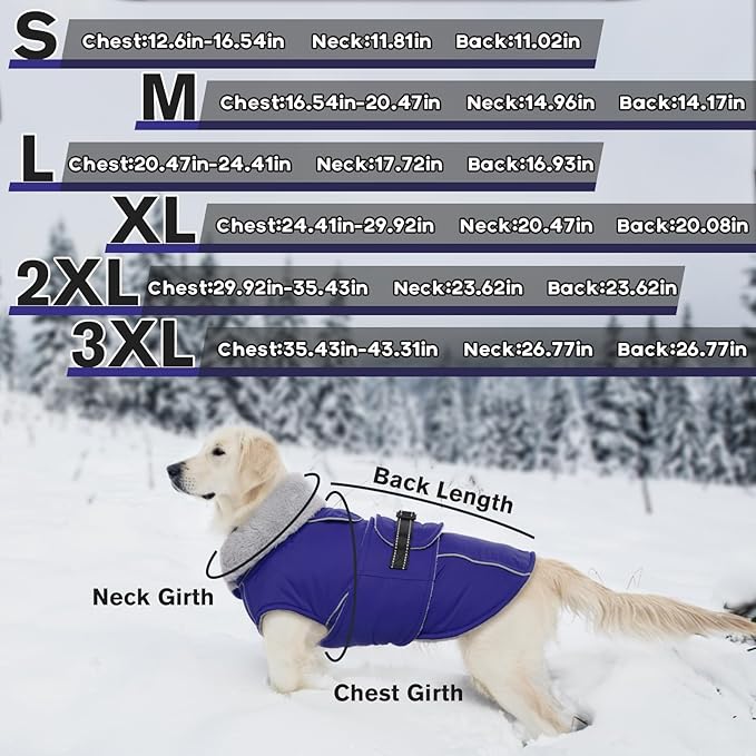 Lelepet Warm Dog Winter Coat Waterproof Dog Jacket with Adjustable Buckle & Leash Hole Reflective Pet Fleece Snowsuit Turtleneck Windproof Cold Weather Coats, Blue, XXXL