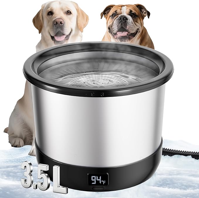 3.5L Heated Water Bowl, Stainless Steel Heated Dog Bowl with Digital Display and Adjustable Temperature, Heated Outdoor Pet Water Bowl Provides Warm Water for Dogs