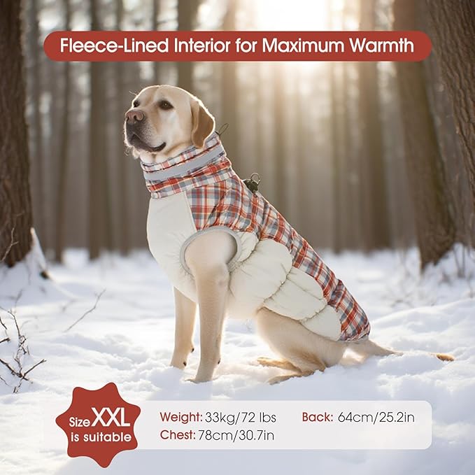 FUAMEY Dog Coat for Small Dogs,Waterproof Dog Winter Jacket with Harness Built in Puppy Cold Weather Coats Reflective Pet Vest with Zipper Warm Fleece Dogs Snowsuit Windproof Red Plaid XS