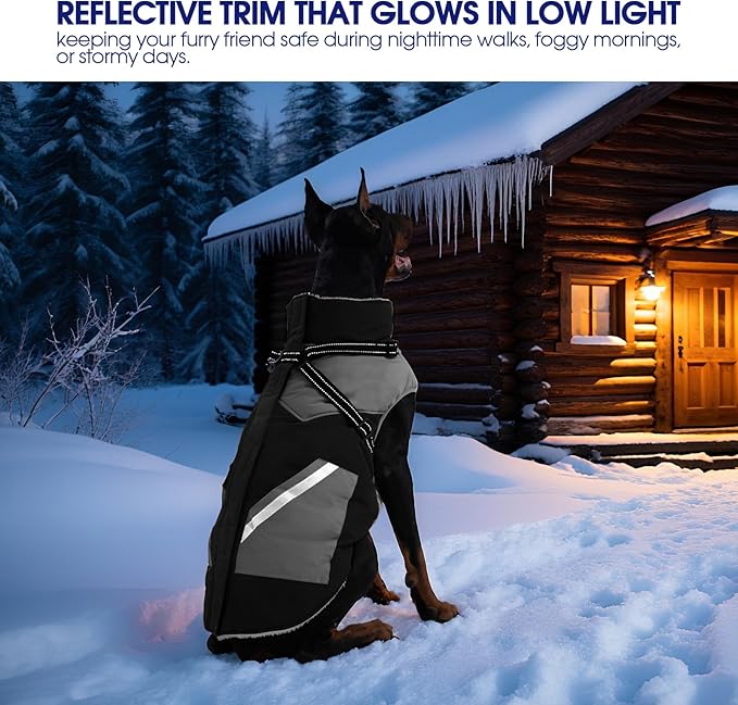 FUAMEY Dog Winter Jackets for Large Dogs,Dog Coat with Harness Built in,Waterproof Dogs Snowsuits Warm Pet Jacket Zip Up Fleece Cold Weather Coats Reflective Puppy Vest with Pocket Black XL