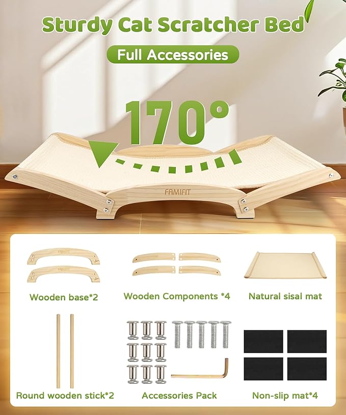 Cat Scratcher Bed with Sisal & Solid Wood Base, Extra Large Cat Scratch Pad for Scratching, Lounging & Sleeping, Stable Anti-Tip Design, Paint-Free & Eco-Safe, Easy Assembly, 34”