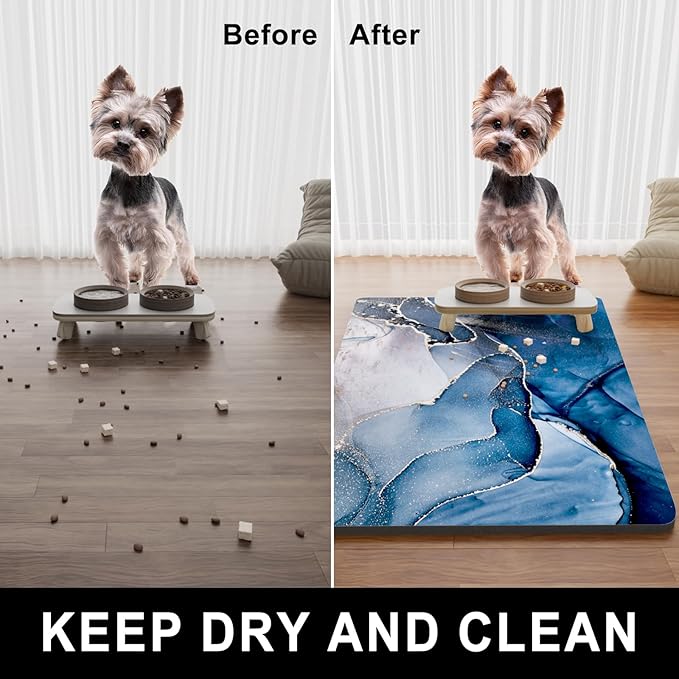Dog Food Mat, 12" x 19" Marble Absorbent Dog Cat Bowl Mat for Food and Water, Cute Anti-Slip Rubber Pet Feeding Rug Protect Floors, Placemat for Feeding & Watering Supplies, Navy
