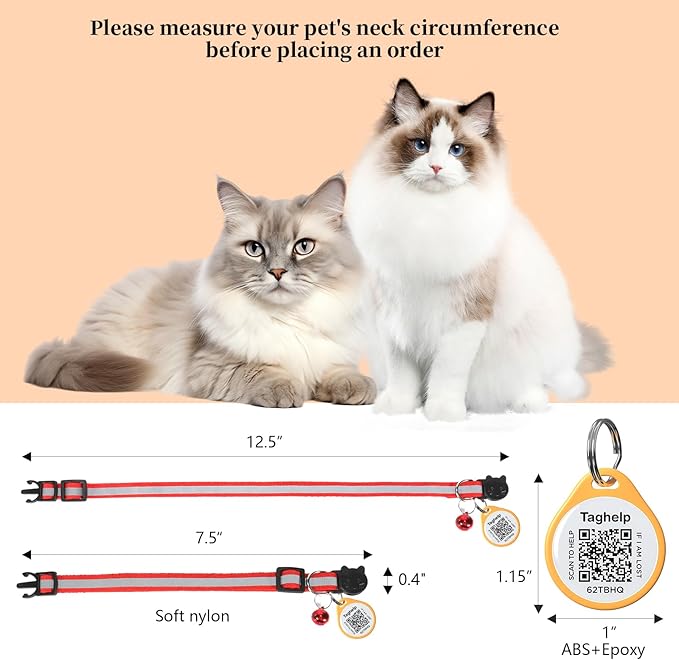 Reflective Cat Collar Breakaway with QR Code Tag for Girl Boy cat Name tag Kitten Collars with Bell Cat ID Tag Personalized Real-time scan alerts. (Pink)