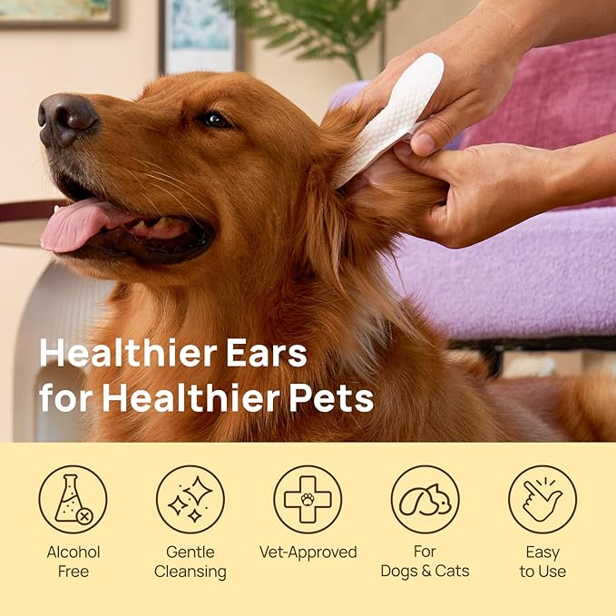 HICC PET Ear Cleaner Wipes for Dogs & Cats, Vet-Recommended Dog Ear Infection Treatment to Relief Itching & Inflammation, Remove Wax, Dirt & Stop Smelly, Cleaning Deodorizing Wipes 50ct(Honey Scent)