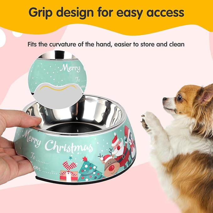 Christmas Xmas Pet Dog 2 in 1 Food Water Bowls - Non Slip Skid Proof Heavy Duty Pet Cats Dog Food Water Bowls for Feeding Large Dogs - Green Christmas-L