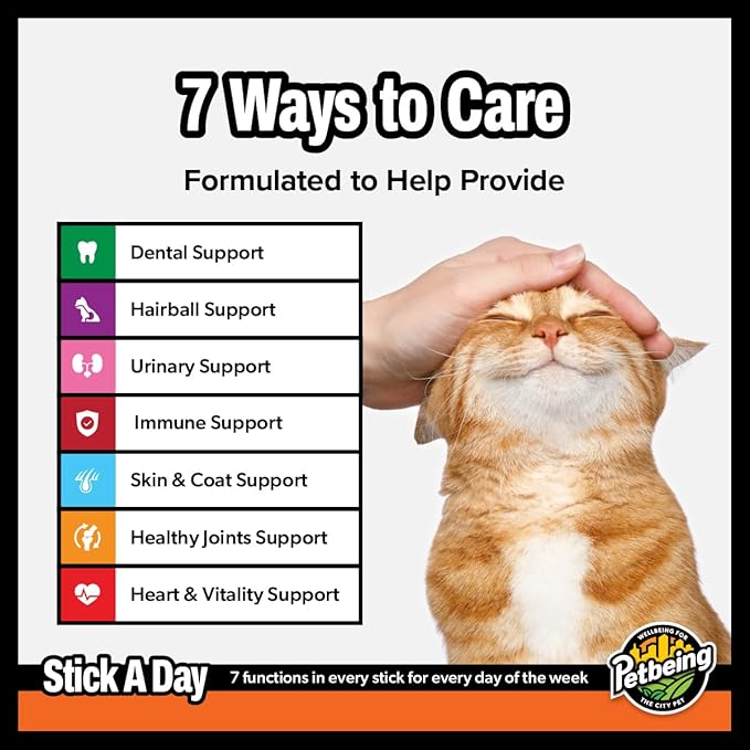 PETBEING Stick a Day Cats | Specially Formulated 7-in-1 Functions Daily Real Meat Supplement for Cats | Cat Chew Stick & Pet Vitamins Supplements Combination (7-Pack x 4, Chicken)