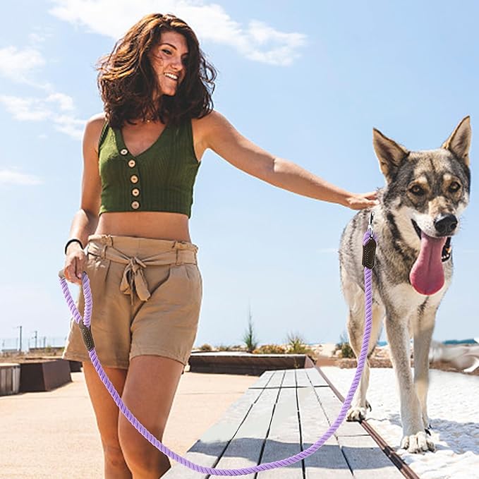 Mile High Life Dog Leash, Braided Cotton Rope Leashes with Leather Handle - Heavy Duty Metal Clasp, 4FT, 1/2" Thick - Wedding, Walking & Training Leash for Small Medium Large Dogs (Purple)