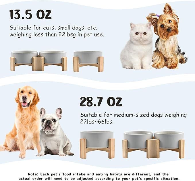 SPUNKYJUNKY 15° Slanted Ceramic Dog and Cat Bowl with Wooden Stand, Tilted Bulldog Food and Water Bowl No Slip Non-Spill for Cats Medium Dogs Big Face Pets 28.7 OZ (3.6 Cups, Grey × 2)
