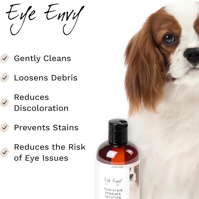 Eye Envy Tear Stain Remover Solution for Dogs. 100% Natural, Safe. Treats The Cause of Stains. Recommended by AKC Breeders, Vets, Handlers, Groomers. Contains Colloidal Silver. 16 oz. Made in USA