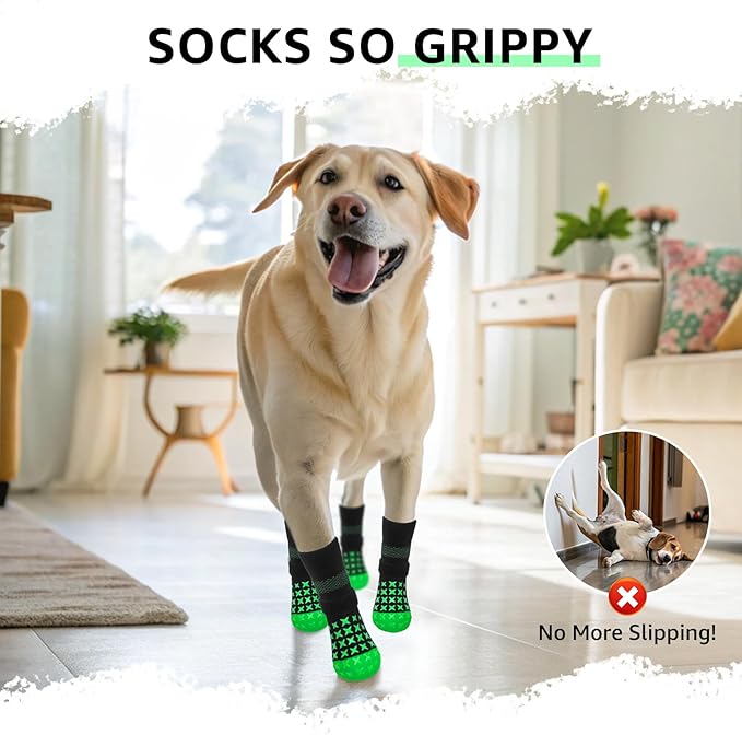 SCENEREAL Anti Slip Dog Socks to Prevent Licking Paws, Dog Booties & Paw Protectors for Hot Pavement Hardwood Floors, Traction Control for Small Medium Large Senior Dogs, Green M