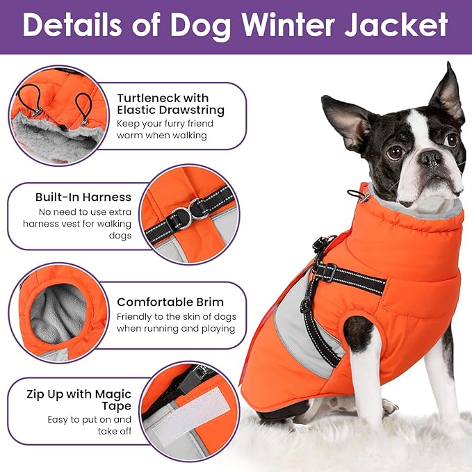 SUNFURA Dog Winter Coat, Waterproof Dog Coat Jacket with Harness for Medium Dogs Boys Girls, Reflective Fleece Lined Pet Snow Jacket Sweaters for Pug, Jack Russel, Boston Terrier, Orange M