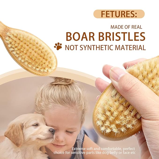 Pet Hair Brush, Double Sided Bristle and Pin Brush for Dog Grooming, Real Boar Bristle Shedding Brush with Bamboo Handle, 1 Pack, White, Oval, Detangle, All Hair Types, Hair Brush