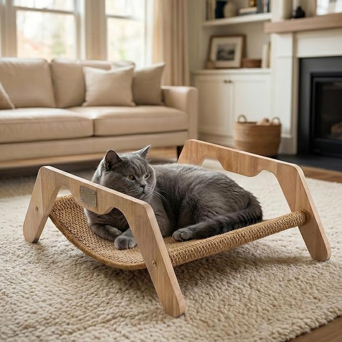 ORDORA 2-in-1 Cat Scratcher Bed, Elevated Wooden Cats Scratch Pad with Plush Mat & Sisal Cat Scratcher for Indoor Cats, Lounger Furniture for Sleeping & Scratching, 23.6"×17.7"
