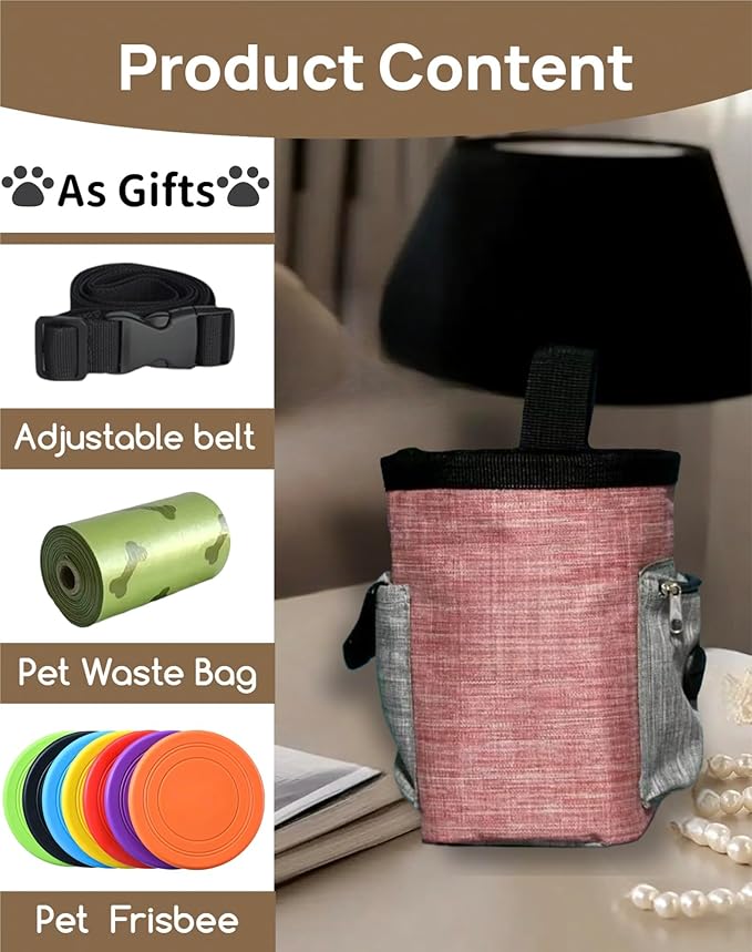 4-in-1 Dog Treat Pouch-3-Way Waterproof Cationic Linen Bag with Side Pockets & Compact Design Holds 3 Cups for Outdoor/Hiking with Poop Bag, Adjustable Belt & Silicone Flying Disc (Blue)