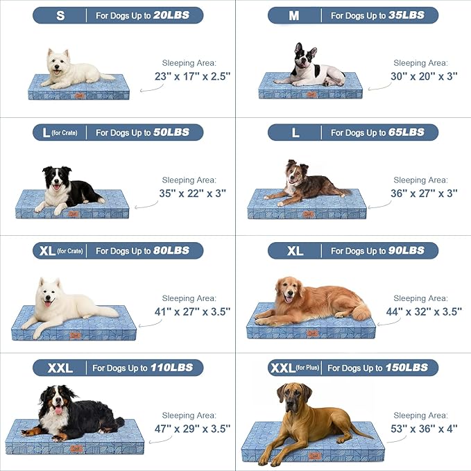 Outdoor Large Washable Dog Bed, Orthopedic Egg Crate Foam Dog Crate Mat for Large Dogs with Removable Oxford Cooling Cover, White Blue