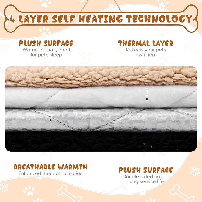 Novabright 3 Pack Self Warming Cat Bed 17x22 Inch Self Heating Dog Mat Reflects Body Heat Extra Warm Thermal Pet Pad Washable Cat Dog Bed for Outdoor Indoor Large Kittens Puppy(Black/Khaki)