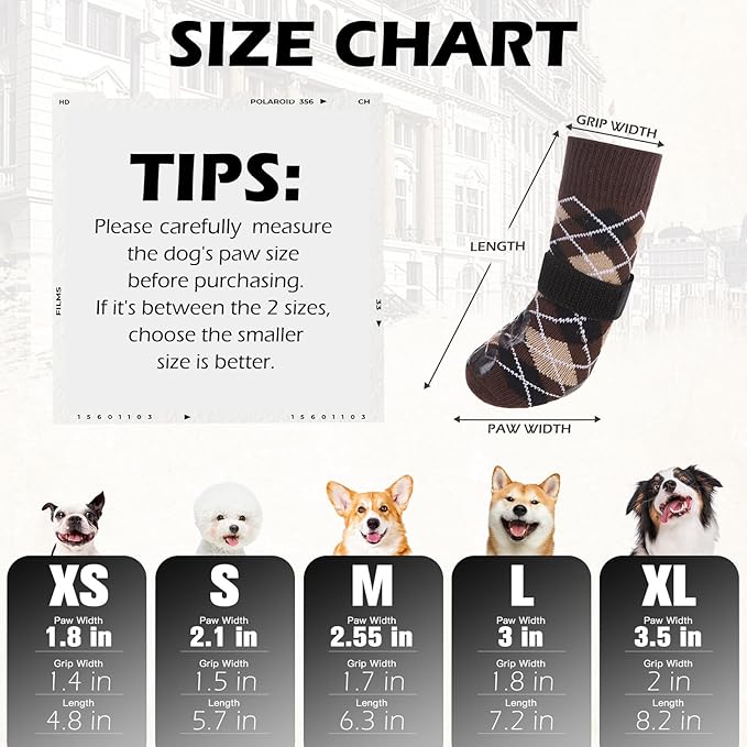 EXPAWLORER Dog Socks to Prevent Licking Paws,Dog Shoes for Hot Pavement,4 Pcs Double Sided Anti Slip Dog Socks with Grippers,Dog Booties for Small Medium Large Senior Dogs,British Style,Brown S