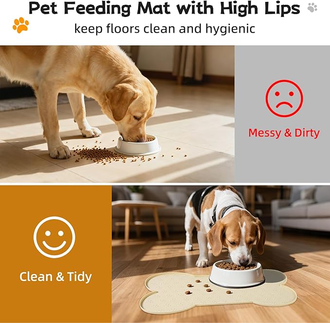 Dog Food Mat Anti-Slip Silicone Bowl Mats for Food and Water, Thicker Pet Placemat Waterproof Cat Feeder Pad with High-Lips Prevent Messy Spills to Floor Suitable for Medium and Small Pet