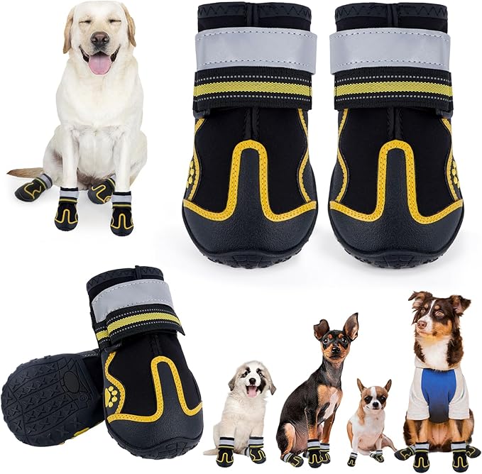 Dog Shoes for Hot Pavement,Dog Boots & Paw Protectors for Large Medium Size Dogs to Prevent Licking,Dog Booties with Reflective for Outdoor,Hiking,Hardwood Floors,Winter Snow(Black Yellow, Size2)