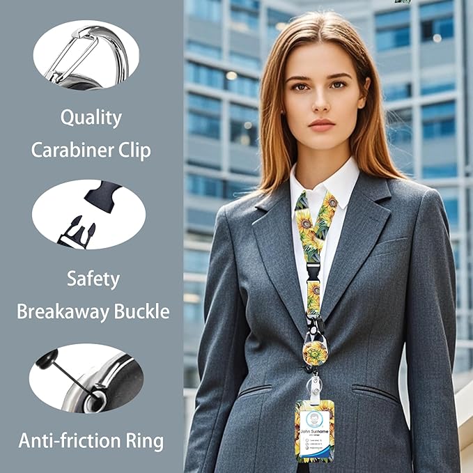 with ID Card Holder Caregiver Worker, Office School Lanyard Key Ring Yellow Sunflower Name Tag Retractable Heavy Duty Badge Reel Clip Vertical ID Card Protective Case